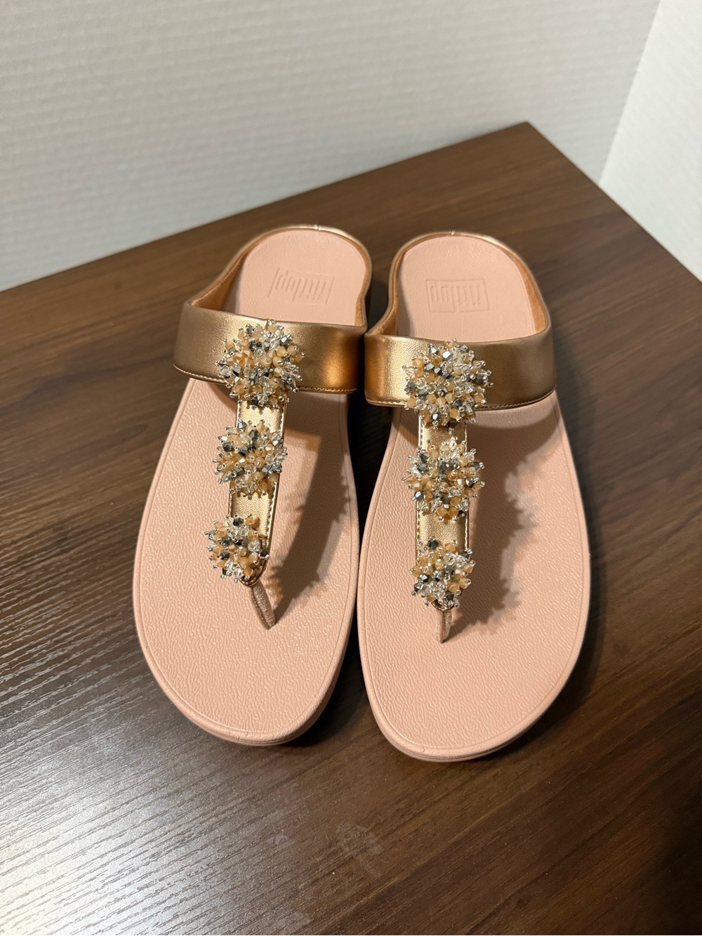 FitFlop Rose Gold Jeweled T-Strap Sandals with Pink Footbed